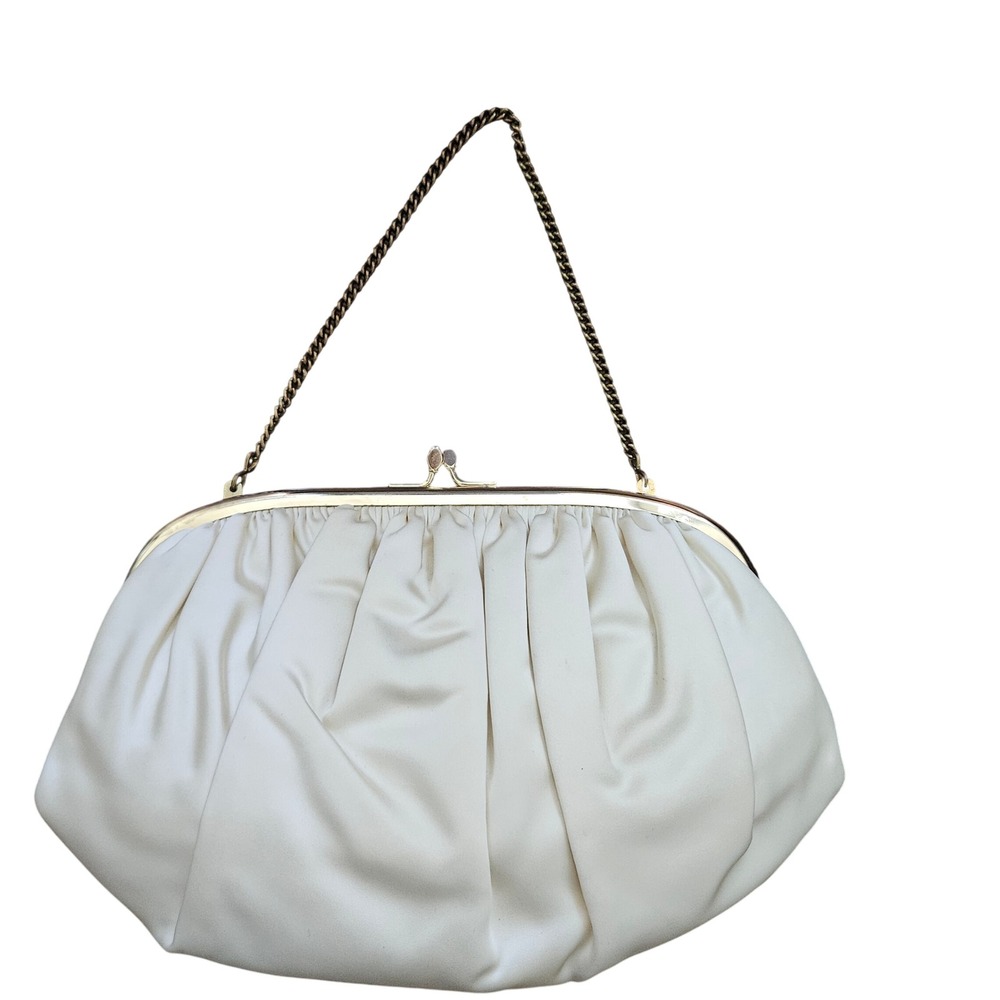 Vintage HL‎ USA Harry Levine Cream Satin Clutch Evening Handbag With Gold Chain